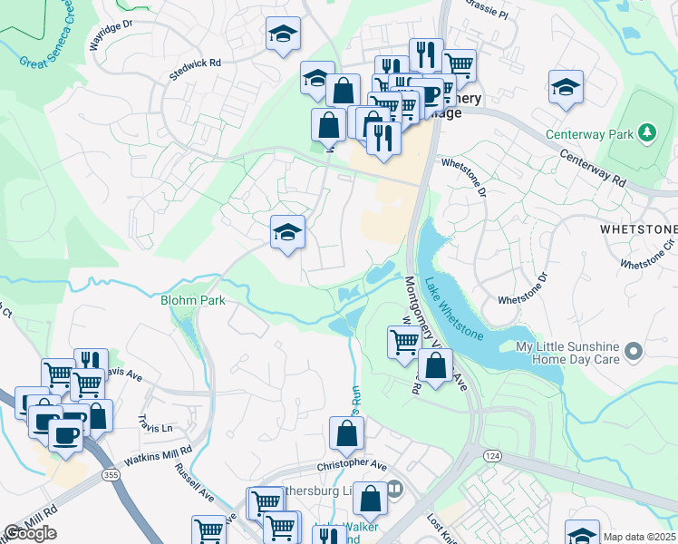 map of restaurants, bars, coffee shops, grocery stores, and more near 10122 Little Pond Place in Montgomery Village