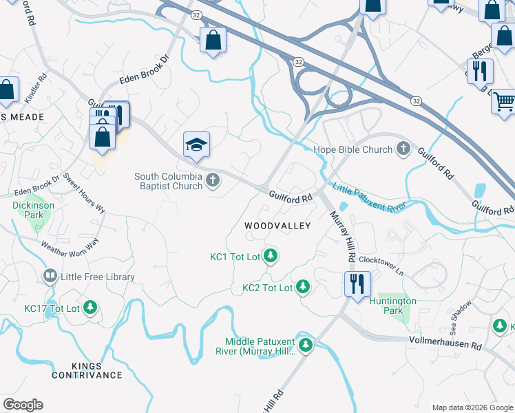 map of restaurants, bars, coffee shops, grocery stores, and more near 8961 Skyrock Court in Columbia
