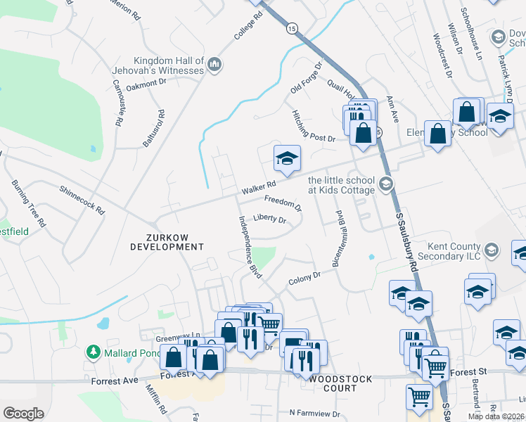 map of restaurants, bars, coffee shops, grocery stores, and more near 13 Liberty Drive in Dover