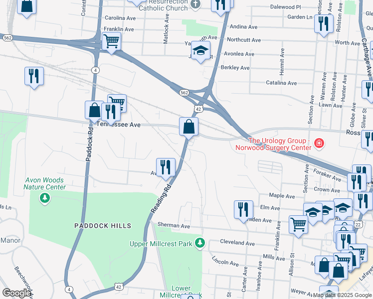 map of restaurants, bars, coffee shops, grocery stores, and more near 4511 Reading Road in Cincinnati