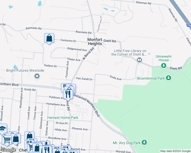 map of restaurants, bars, coffee shops, grocery stores, and more near 4312 Boudinot Avenue in Cincinnati