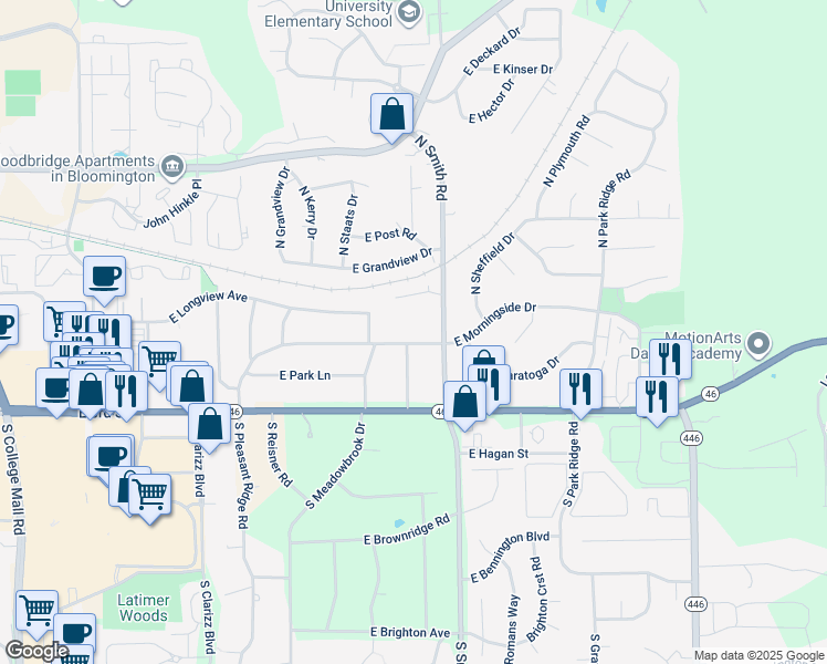 map of restaurants, bars, coffee shops, grocery stores, and more near 3811 East Morningside Drive in Bloomington