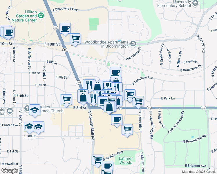 map of restaurants, bars, coffee shops, grocery stores, and more near in Bloomington