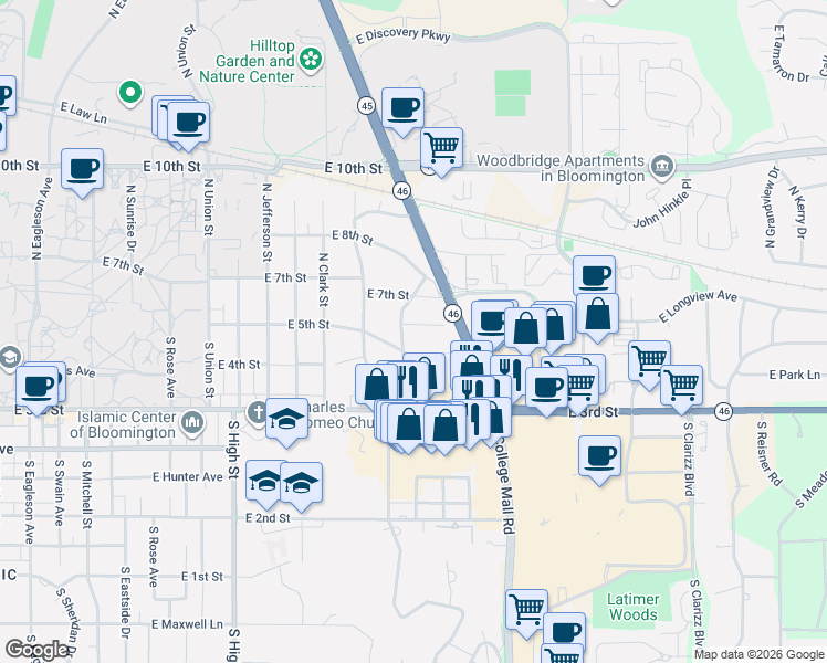 map of restaurants, bars, coffee shops, grocery stores, and more near in Bloomington