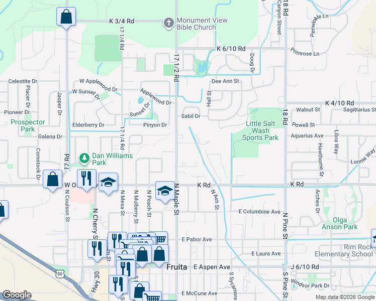 map of restaurants, bars, coffee shops, grocery stores, and more near 512 Quebec Court in Fruita
