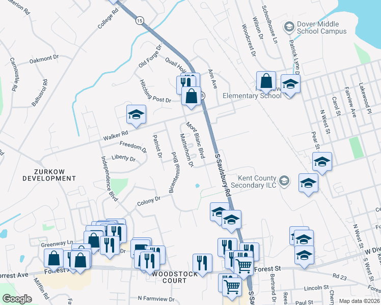 map of restaurants, bars, coffee shops, grocery stores, and more near 53 Saint Bernadino Circle in Dover