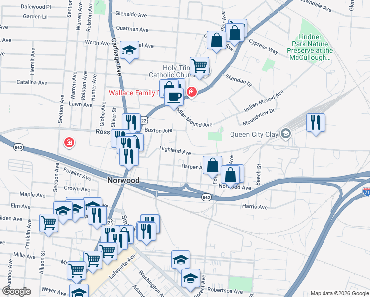 map of restaurants, bars, coffee shops, grocery stores, and more near 5077 Grandview Place in Cincinnati