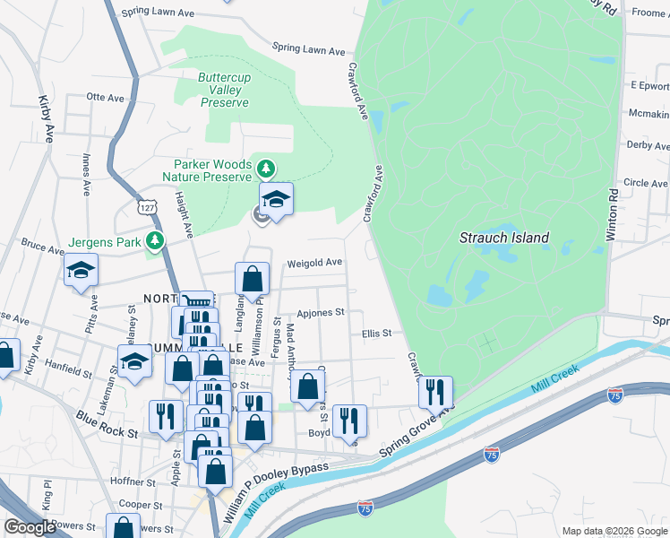 map of restaurants, bars, coffee shops, grocery stores, and more near 1431 Weigold Avenue in Cincinnati