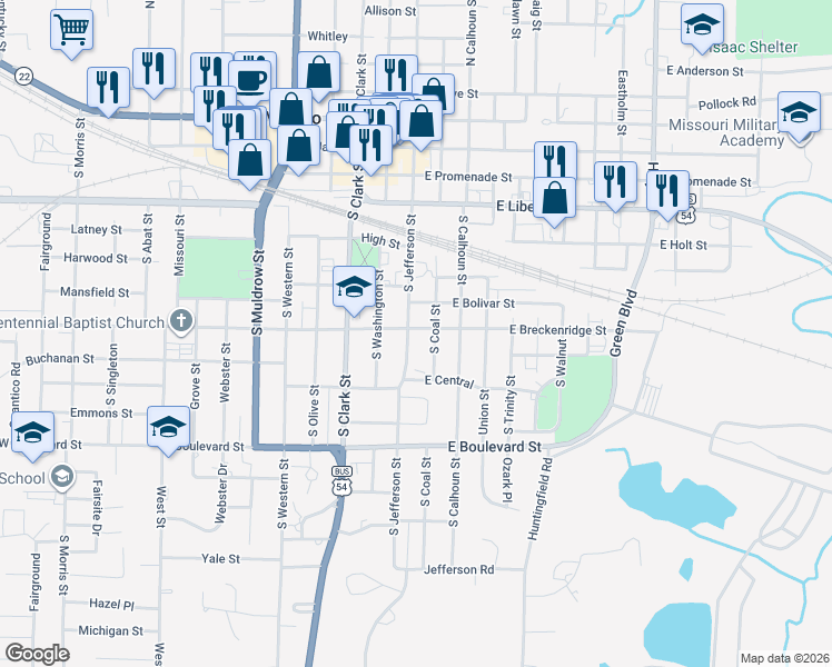 map of restaurants, bars, coffee shops, grocery stores, and more near 702 South Jefferson Street in Vandalia