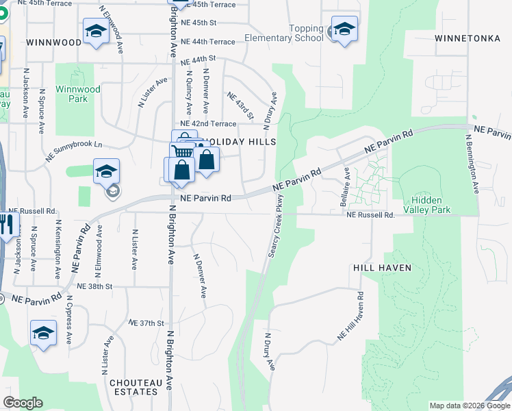 map of restaurants, bars, coffee shops, grocery stores, and more near 4035 North Hardesty Avenue in Kansas City