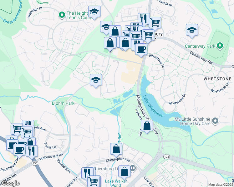 map of restaurants, bars, coffee shops, grocery stores, and more near 10104 Little Pond Place in Montgomery Village