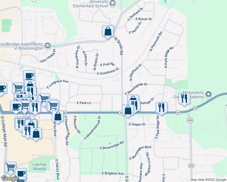 map of restaurants, bars, coffee shops, grocery stores, and more near 3811 East Morningside Drive in Bloomington