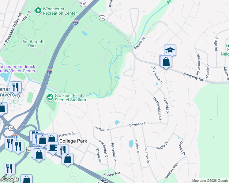 map of restaurants, bars, coffee shops, grocery stores, and more near 136 Oak Ridge Lane in Winchester