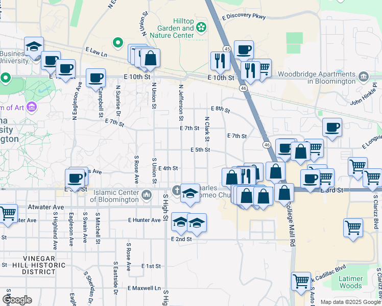 map of restaurants, bars, coffee shops, grocery stores, and more near 2222 East 5th Street in Bloomington