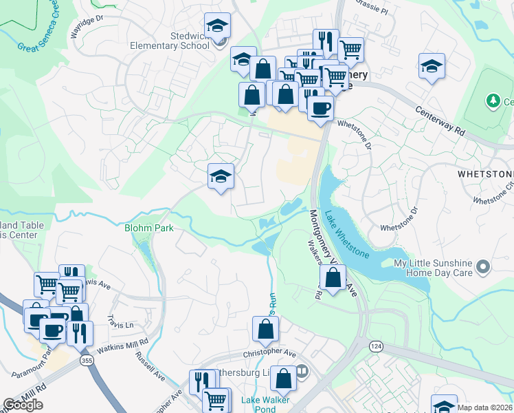 map of restaurants, bars, coffee shops, grocery stores, and more near 10136 Little Pond Place in Montgomery Village