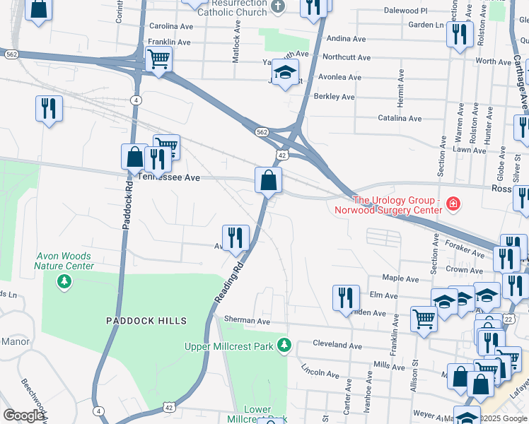 map of restaurants, bars, coffee shops, grocery stores, and more near 4510 Reading Road in Cincinnati