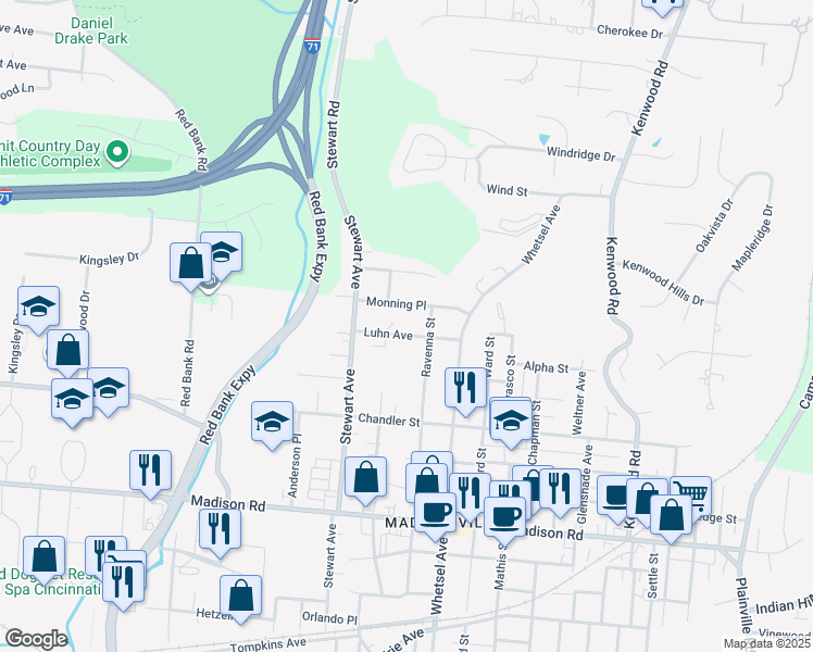 map of restaurants, bars, coffee shops, grocery stores, and more near 5710 Luhn Avenue in Cincinnati