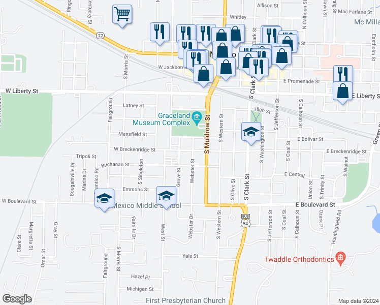 map of restaurants, bars, coffee shops, grocery stores, and more near 704 West Breckenridge Street in Mexico