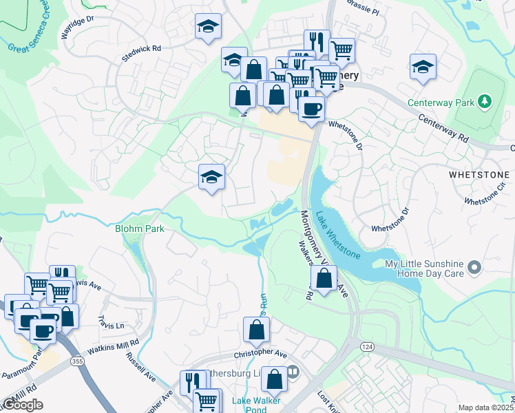 map of restaurants, bars, coffee shops, grocery stores, and more near 10104 Little Pond Place in Montgomery Village