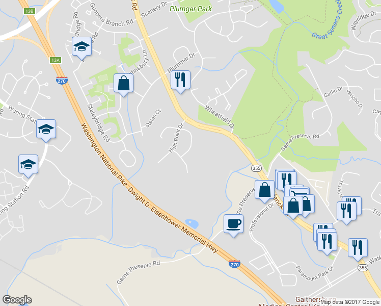 map of restaurants, bars, coffee shops, grocery stores, and more near 11309 Rambling Road in Gaithersburg