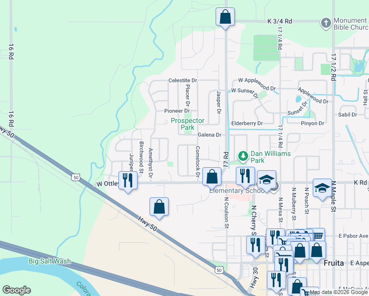map of restaurants, bars, coffee shops, grocery stores, and more near 486 Gold Rush Drive in Fruita