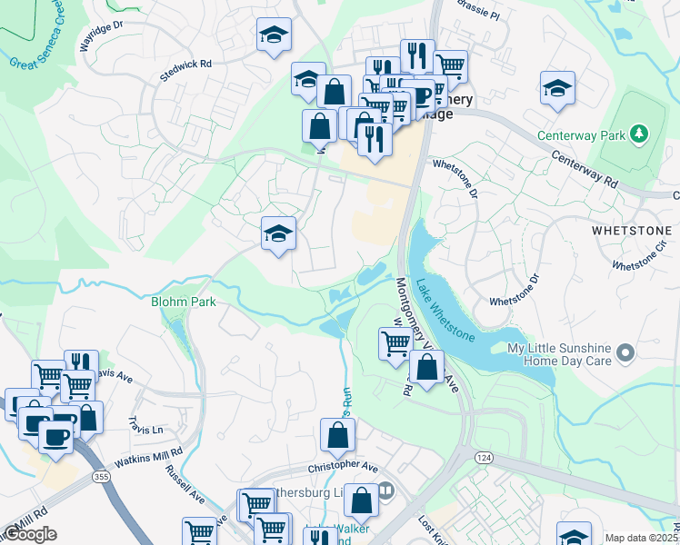 map of restaurants, bars, coffee shops, grocery stores, and more near 10106 Little Pond Place in Montgomery Village
