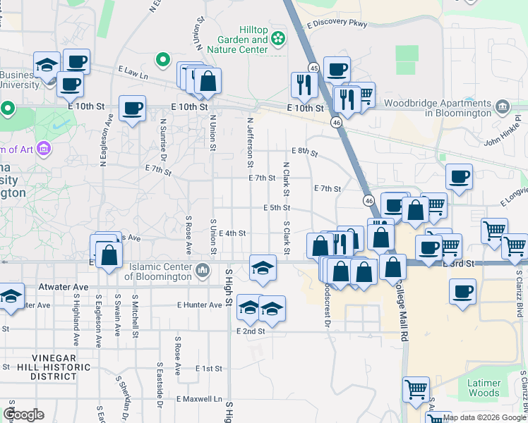 map of restaurants, bars, coffee shops, grocery stores, and more near 2222 East 5th Street in Bloomington