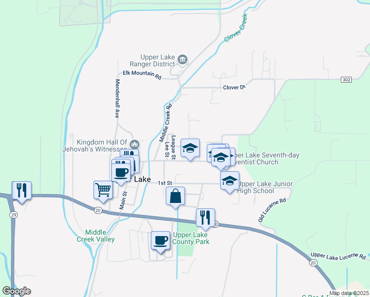map of restaurants, bars, coffee shops, grocery stores, and more near 9681 Elliott Street in Upper Lake