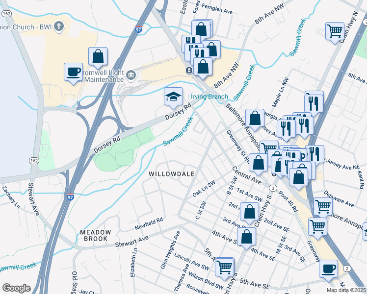 map of restaurants, bars, coffee shops, grocery stores, and more near 414 Joyce Drive in Glen Burnie