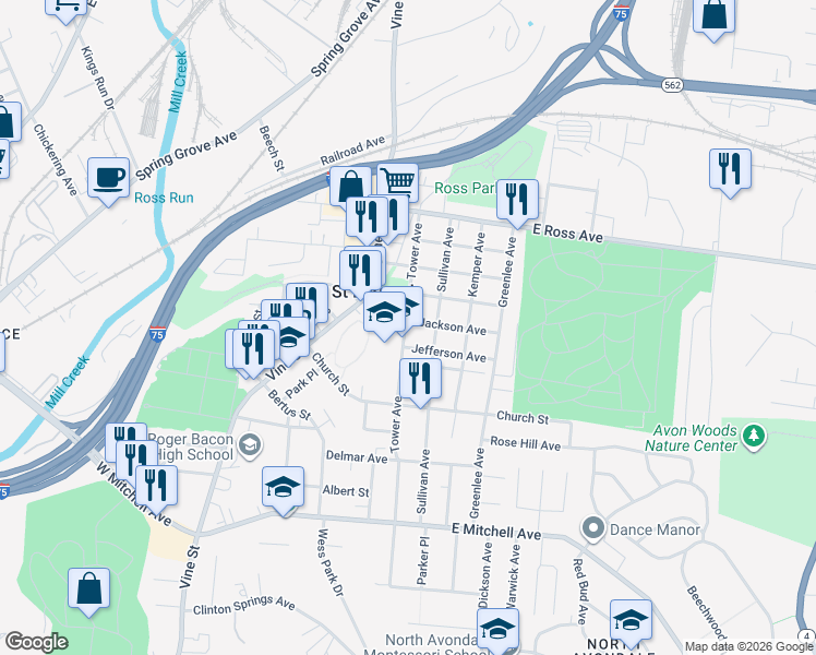 map of restaurants, bars, coffee shops, grocery stores, and more near 4612 Tower Avenue in Saint Bernard