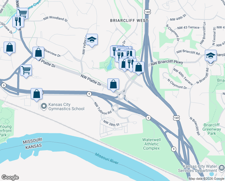 map of restaurants, bars, coffee shops, grocery stores, and more near Northwest Gateway Road in Kansas City