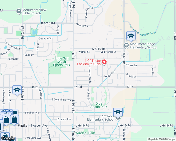 map of restaurants, bars, coffee shops, grocery stores, and more near 1181 Sunflower Avenue in Fruita