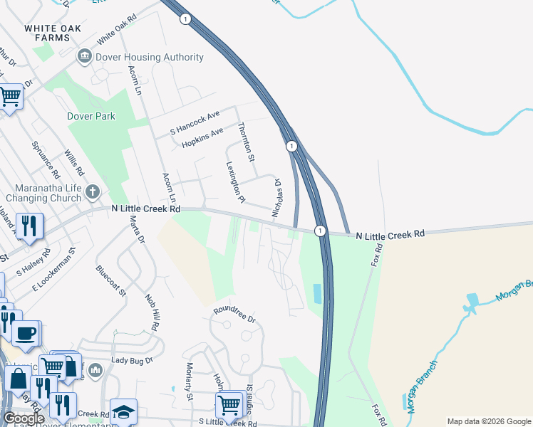 map of restaurants, bars, coffee shops, grocery stores, and more near 104 Lexington Place in Dover