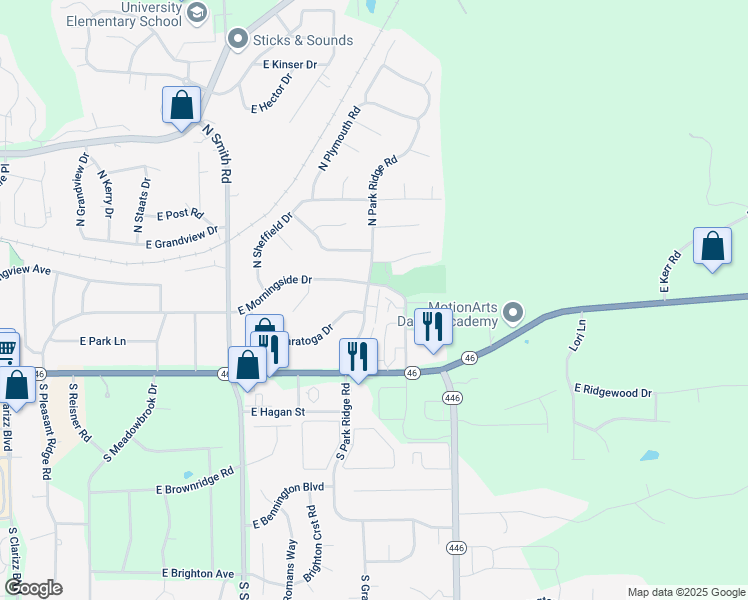 map of restaurants, bars, coffee shops, grocery stores, and more near 152 North Park Ridge Road in Bloomington