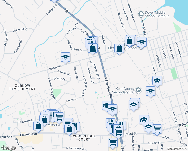 map of restaurants, bars, coffee shops, grocery stores, and more near 53 Saint Bernadino Circle in Dover