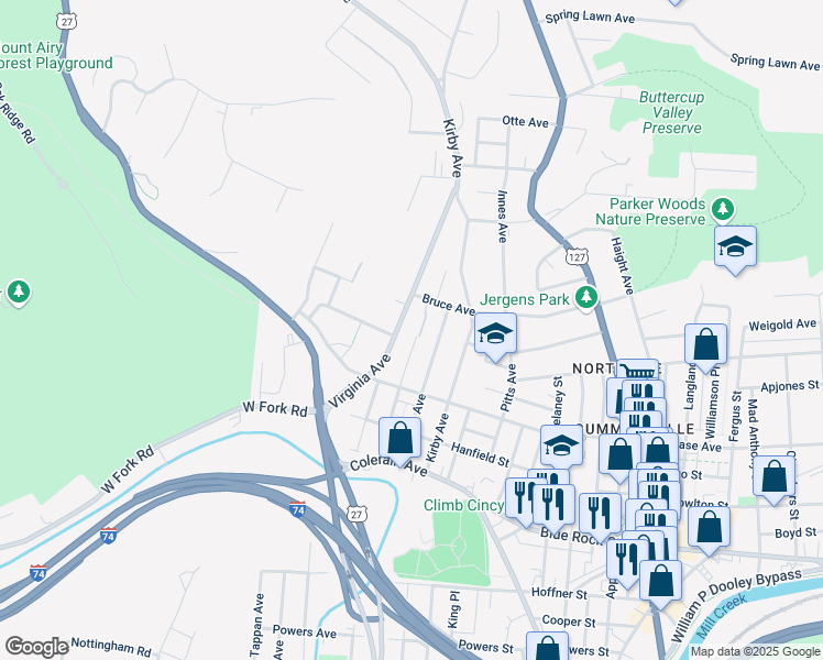 map of restaurants, bars, coffee shops, grocery stores, and more near 4252 Virginia Avenue in Cincinnati