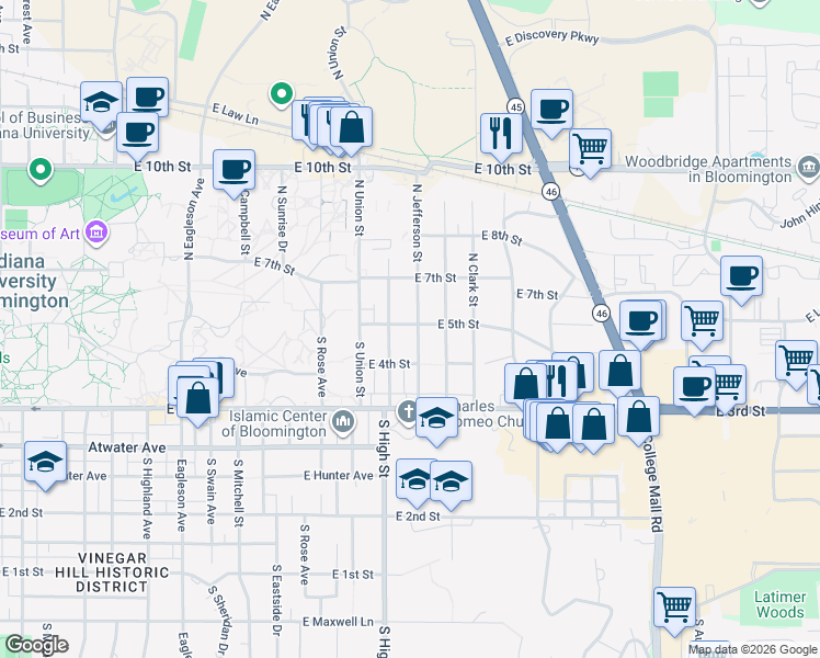 map of restaurants, bars, coffee shops, grocery stores, and more near 105 South Bryan Avenue in Bloomington