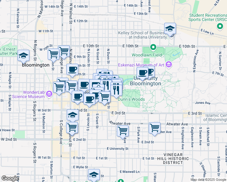 map of restaurants, bars, coffee shops, grocery stores, and more near 517 East Kirkwood Avenue in Bloomington