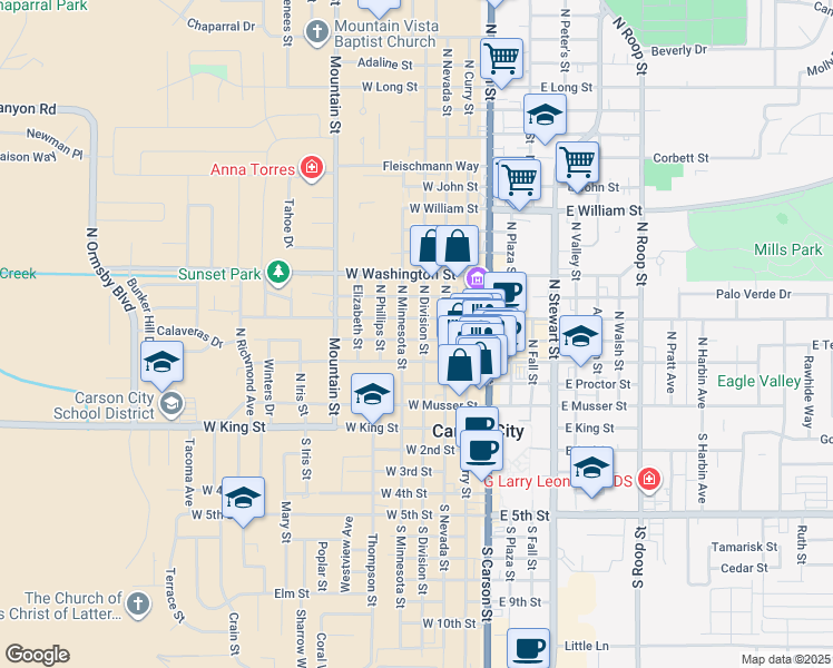 map of restaurants, bars, coffee shops, grocery stores, and more near 502 North Division Street in Carson City