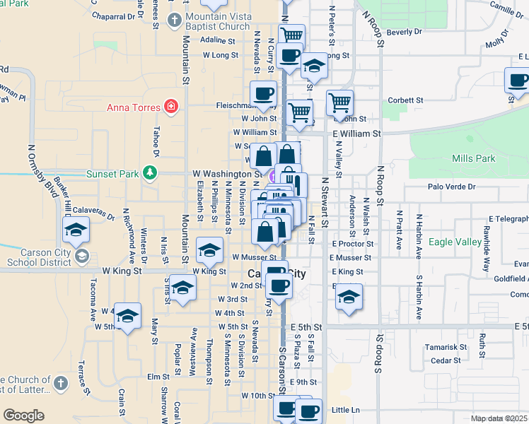 map of restaurants, bars, coffee shops, grocery stores, and more near 204 West Spear Street in Carson City
