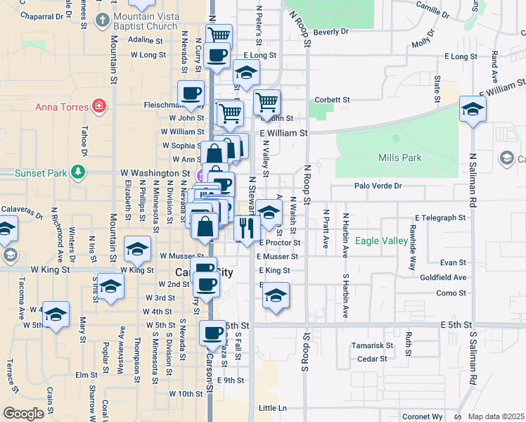 map of restaurants, bars, coffee shops, grocery stores, and more near 412 North Stewart Street in Carson City
