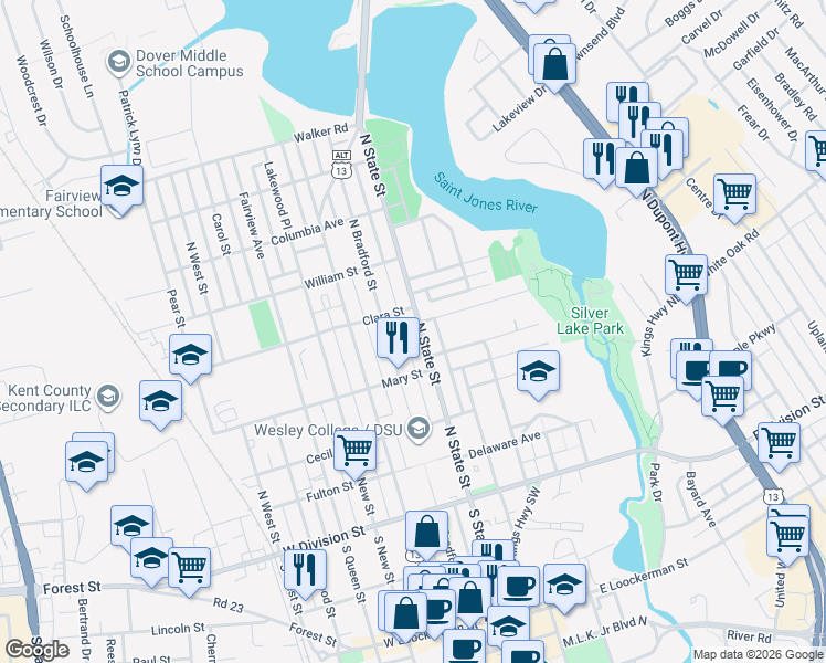 map of restaurants, bars, coffee shops, grocery stores, and more near 328 North State Street in Dover