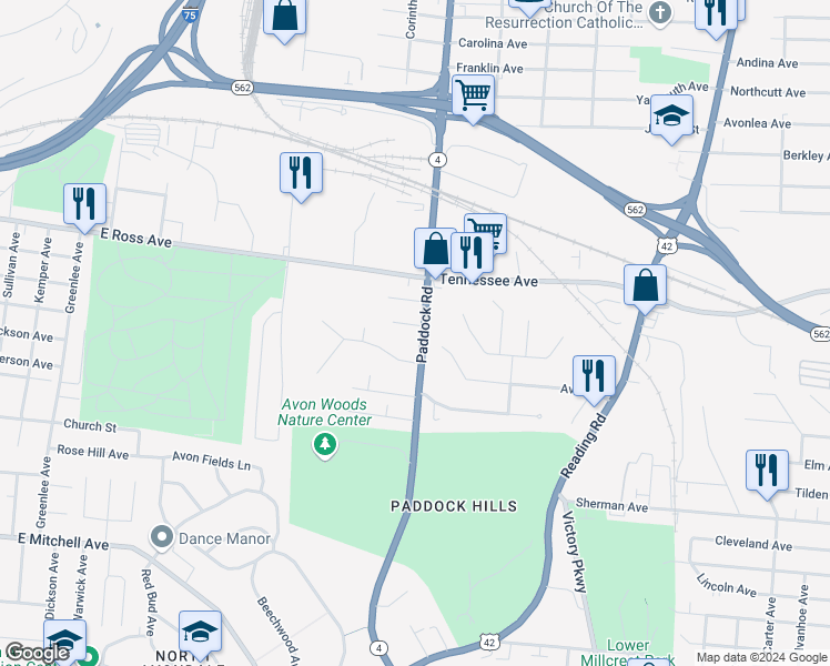 map of restaurants, bars, coffee shops, grocery stores, and more near 1201 Avon Drive in Cincinnati
