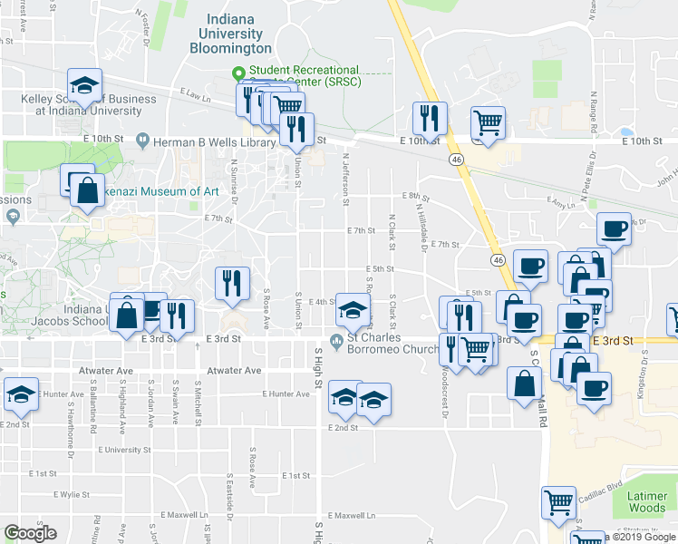 map of restaurants, bars, coffee shops, grocery stores, and more near 105 South Bryan Avenue in Bloomington
