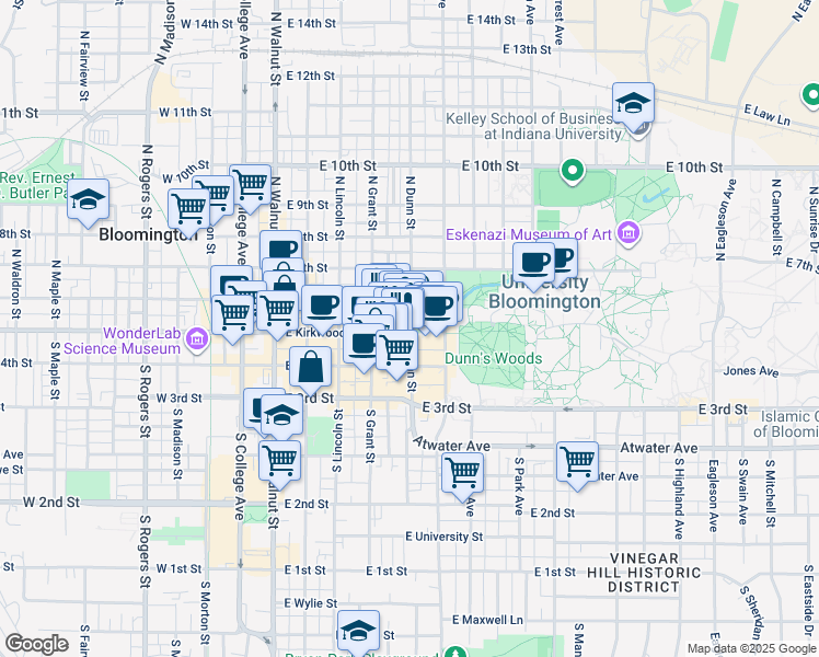 map of restaurants, bars, coffee shops, grocery stores, and more near 420 East Kirkwood Avenue in Bloomington