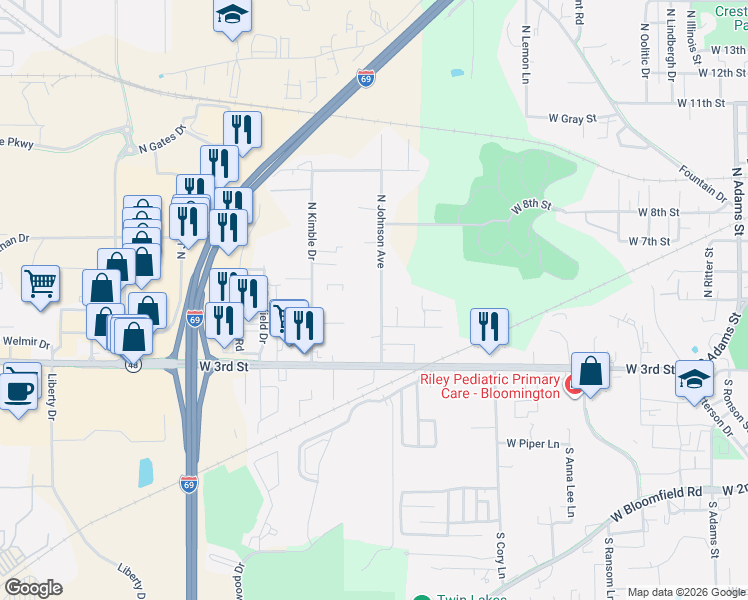 map of restaurants, bars, coffee shops, grocery stores, and more near 118 South Johnson Avenue in Bloomington