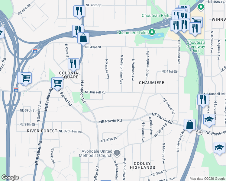 map of restaurants, bars, coffee shops, grocery stores, and more near 2917 Northeast Russell Road in Kansas City
