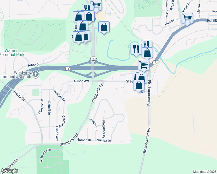 map of restaurants, bars, coffee shops, grocery stores, and more near 2525 Stagg Hill Rd in Manhattan