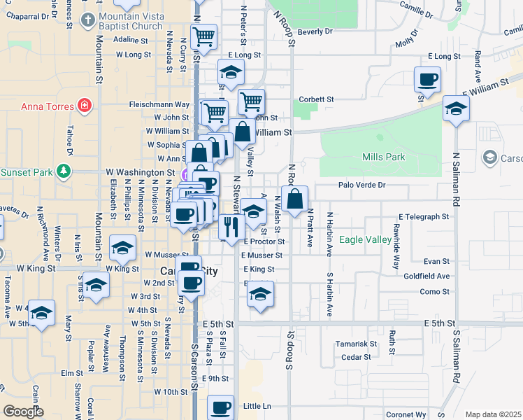 map of restaurants, bars, coffee shops, grocery stores, and more near 514 East Spear Street in Carson City