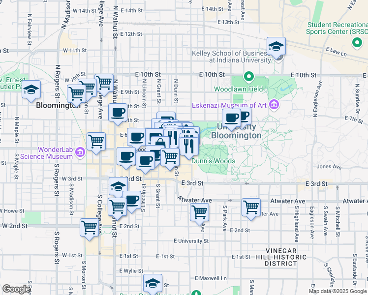 map of restaurants, bars, coffee shops, grocery stores, and more near 518 East Kirkwood Avenue in Bloomington